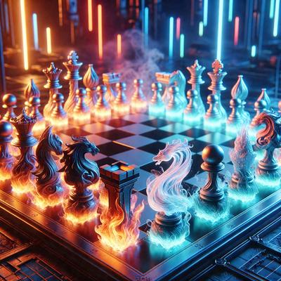 The primary subject of the image is a chessboard with a variety of chess pieces, including knights, kings, and dragons. The setting is a dark room with a blue glow, creating a mysterious atmosphere. The visual style is a digital art or illustration, with the chess pieces and the board being the main focus of the image. The colors and mood are predominantly dark and moody, with the blue glow adding a touch of mystery to the scene.